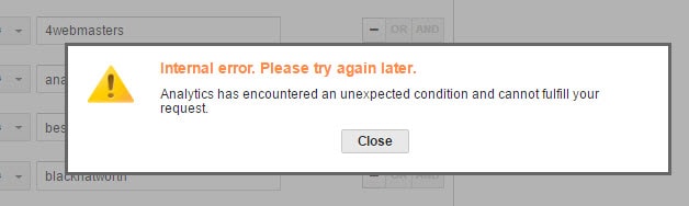 Image reading "Internal error. Please try again later. Analytics has encountered an unexpected condition and cannot fulfill your request."