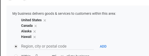 Google My Business Service area US and Canada