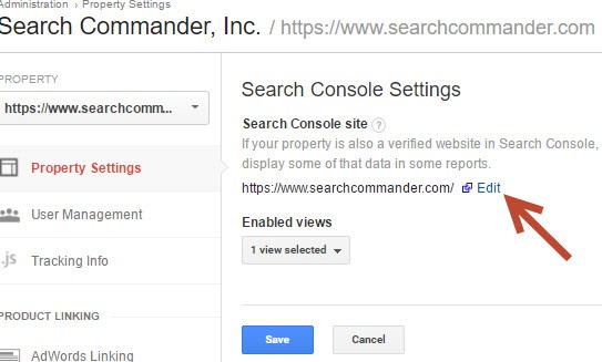Search Console edit settings in Analytics