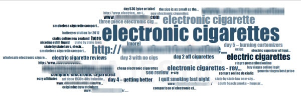 A Majestic wordcloud graphic showing abusive anchor text for "electronic cigarettes"